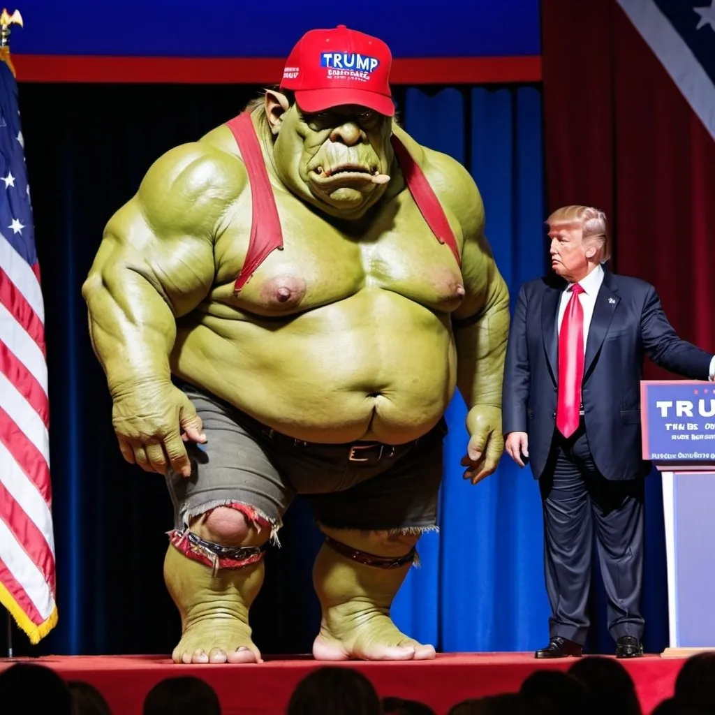 Prompt: Obese retard Orc on stage with Donald Trump wearing MAGA hat 