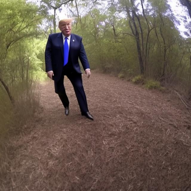 Prompt: Donald Trump on trail cam footage smiling 