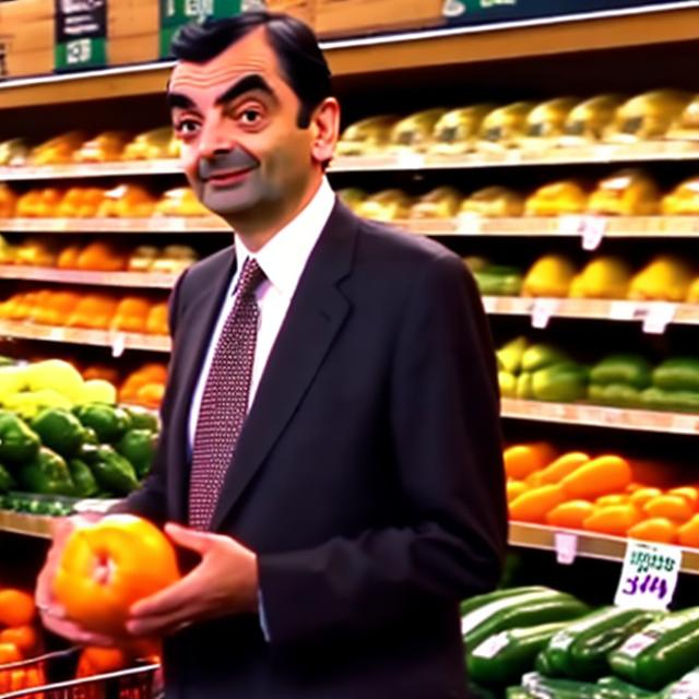 Prompt: Mr.Bean at a Whole Foods stealing 