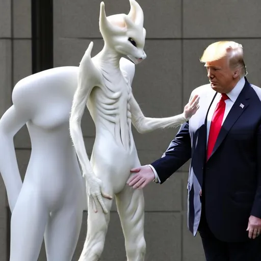 Prompt: Donald Trump shaking hands with Mewtwo and Mew