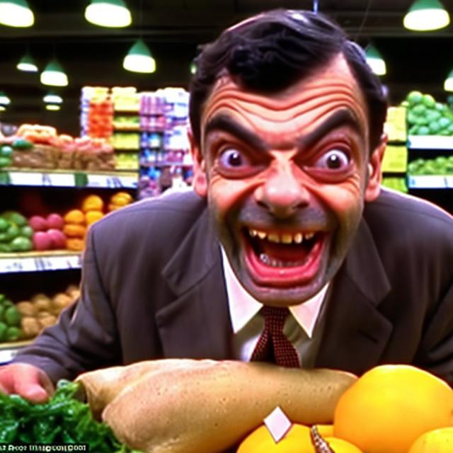 Prompt: Mr.Bean at a Whole Foods crawling around like a rabid dog with foam in his mouth wide gaping deformed mouth with jagged rotten teeth 