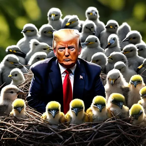 Prompt: Trump in his nest surrounded by baby birds 