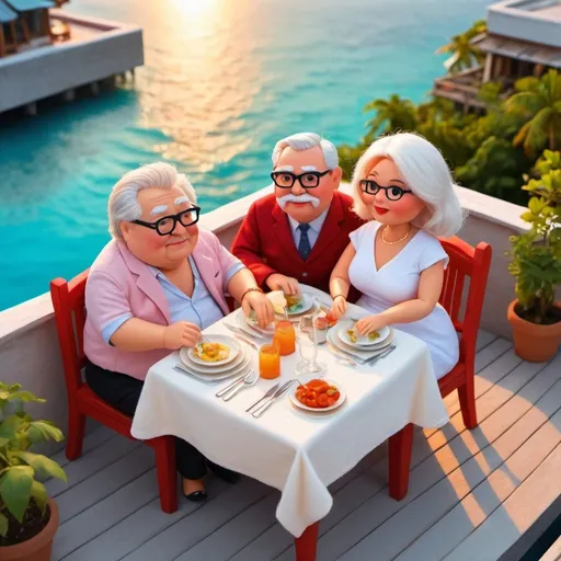 Prompt: Topview a fashionable couple of chubby elder dinner on Maldives rooftop, sunset scene, Cliff Childs, romanticism, high fabric detail, detail  face, Pixar style, a pastel wool felt doll illustration