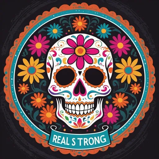 Prompt: Day of the dead skull in a circle with bright colours, a daisy juice label and a slogan of “real strong”
