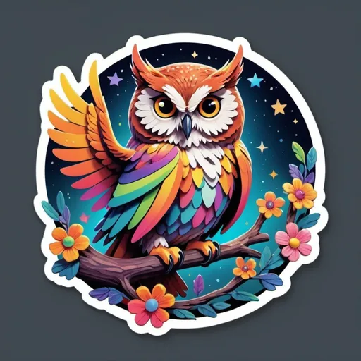 Prompt: STICKER, SOLID background, SHARP FOCUS of A Detailed Illustration of a gorgeous owl flying through the night sky, Floral Splash, Rainbow Colors, Redbubble Sticker,Splash In Vibrant Colors, 3D Vector Art, Cute And Quirky, Adobe Illustrator, HandDrawn, Digital Painting, LowPoly, Soft Lighting, Bird'sEye View, Isometric Style, Retro Aesthetic, Focused On The Character, 4K Resolution,