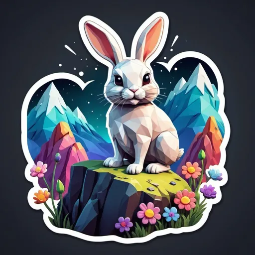 Prompt: This sticker, with a solid background, intricately depicts a magnificent and adorable rabbit perched on a rocky cliff atop a mountain in the night sky, with flowers splashing in rainbow colors. It's a Redbubble sticker, bursting with vibrant colors, crafted using 3D vector art. The style is cute and quirky, hand-drawn in Adobe Illustrator with digital painting techniques, featuring low poly and soft lighting. Presented from a bird's-eye view and isometric style, it embodies retro aesthetics, with the character as the focal point, in 4K resolution.