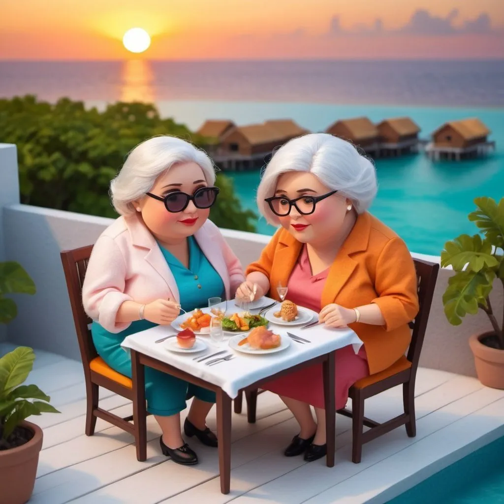 Prompt: Topview a fashionable couple of chubby elder dinner on Maldives rooftop, sunset scene, Cliff Childs, romanticism, high fabric detail, detail  face, Pixar style, a pastel wool felt doll illustration