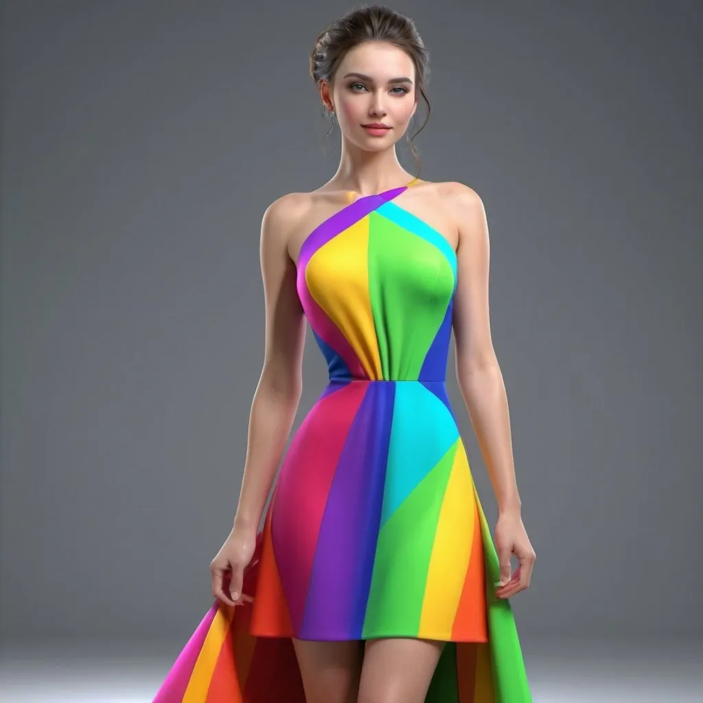 Prompt: Beautiful
 woman modeling dress ,lines, bright colors, attractive 3d