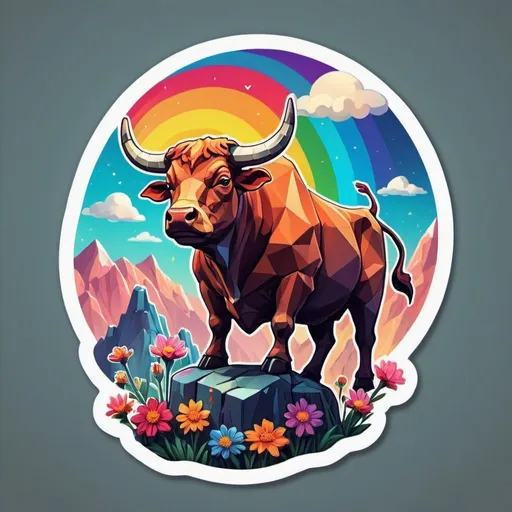 Prompt: This sticker, against a solid background, intricately depicts a magnificent bull perched on a rocky cliff atop a mountain in the night sky, with flowers splashing in rainbow colors. It's a Redbubble sticker, bursting with vibrant colors, crafted using 3D vector art. The style is cute and quirky, hand-drawn in Adobe Illustrator with digital painting techniques, featuring low poly and soft lighting. Presented from a bird's-eye view and isometric style, it embodies retro aesthetics, with the character as the focal point, in 4K resolution.