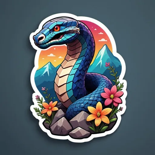 Prompt: This sticker, against a solid background, intricately depicts a magnificent cobra perched on a rocky cliff atop a mountain in the night sky, with flowers splashing in rainbow colors. It's a Redbubble sticker, splattered with vivid colors, crafted using 3D vector art. The style is cute and quirky, hand-drawn in Adobe Illustrator with digital painting techniques, featuring low poly and soft lighting. Presented from a bird's-eye view and isometric style, it embraces retro aesthetics, with the character as the focal point, in 4K resolution.