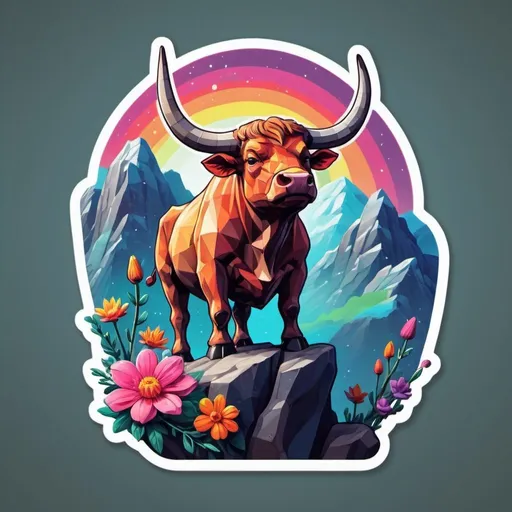 Prompt: This sticker, against a solid background, intricately depicts a magnificent bull perched on a rocky cliff atop a mountain in the night sky, with flowers splashing in rainbow colors. It's a Redbubble sticker, bursting with vibrant colors, crafted using 3D vector art. The style is cute and quirky, hand-drawn in Adobe Illustrator with digital painting techniques, featuring low poly and soft lighting. Presented from a bird's-eye view and isometric style, it embodies retro aesthetics, with the character as the focal point, in 4K resolution.