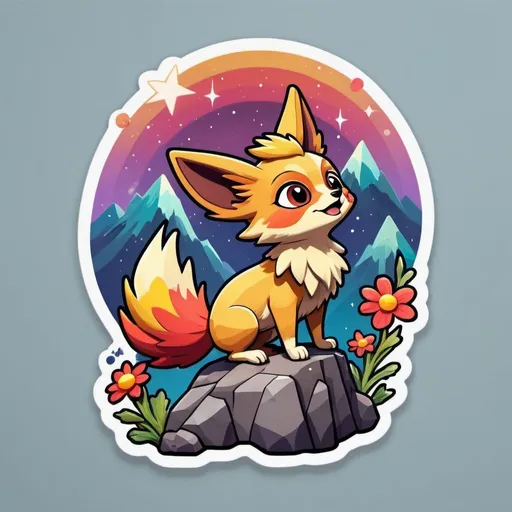 Prompt: This sticker, against a solid background, intricately depicts an adorable Fennekin perched on a rocky cliff atop a mountain in the night sky, with flowers splashing in rainbow colors. It's a Redbubble sticker, bursting with vibrant colors, crafted using 3D vector art. The style is cute and quirky, hand-drawn in Adobe Illustrator with digital painting techniques, featuring low poly and soft lighting. Presented from a bird's-eye view and isometric style, it embodies retro aesthetics, with the character as the focal point, in 4K resolution.