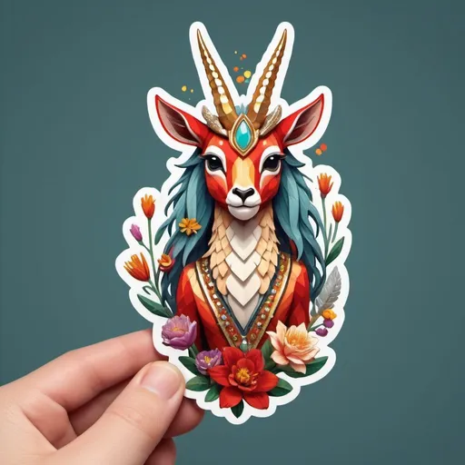 Prompt: This sticker, against a solid background, intricately depicts a red gazelle adorned with armor made of gold and silver fish scales wrapped around its waist. It has long golden horns and a long cream and silver mane from the crown of its head to the tip of its tail. Flowers splash in rainbow colors. It's a Redbubble sticker, bursting with vibrant colors, crafted using 3D vector art, Adobe Illustrator, hand-drawn techniques, featuring low poly and soft lighting. Presented from a bird's-eye view and isometric style, it embraces retro aesthetics, with the character as the focal point, in 4K resolution.