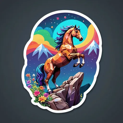 Prompt: This sticker, against a solid background, intricately depicts a magnificent upright horse perched on a rocky cliff atop a mountain in the night sky, with flowers splashing in rainbow colors. It's a Redbubble sticker, bursting with vibrant colors, crafted using 3D vector art. The style is cute and quirky, hand-drawn in Adobe Illustrator with digital painting techniques, featuring low poly and soft lighting. Presented from a bird's-eye view and isometric style, it embodies retro aesthetics, with the character as the focal point, in 4K resolution.