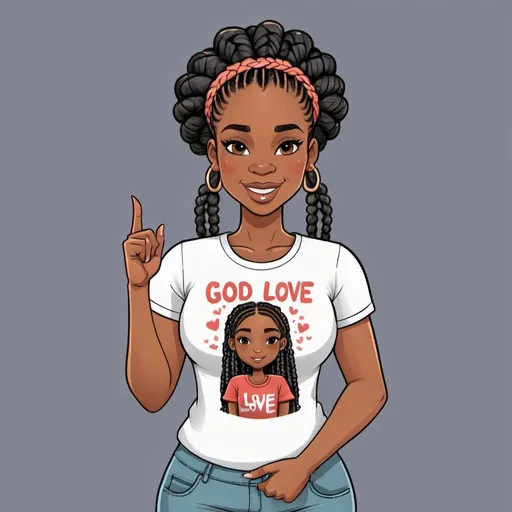 Prompt: Illustration cartoon character a black African American woman with braids is standing holding her craft tshirt that say “God Love You” she made. She in a confident pose