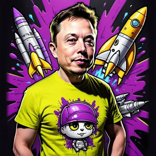 Prompt: Cartoon graffit gangster elon musk cartoon mini characture wearing a rocket t shirt with graffiti wall behind him of a starship  rocket graffiti bomb neon yellow and neon purple 