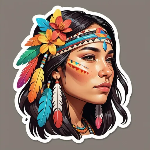 Prompt: Sticker, solid background, detailed cartoon illustration of a gorgeous Native American girl's face in profile, floral splash, rainbow colors, Redbubble sticker, vibrant color splash, 3D vector art, cute and quirky, Adobe Illustrator, hand-drawn, digital painting, low poly, soft lighting, bird's-eye view, isometric style, retro aesthetic, focused on the character, 4K resolution.