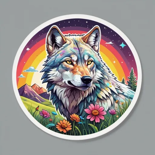 Prompt: Sticker, white background, detailed illustration of a fierce and magnificent grassland wolf hunting under the night sky, floral splash, rainbow colors, Redbubble sticker, vibrant color splash, 3D vector art, cute and quirky, Adobe Illustrator, hand-drawn, digital painting, low poly, soft lighting, bird's-eye view, isometric style, retro aesthetic, focused on the character, 4K resolution.