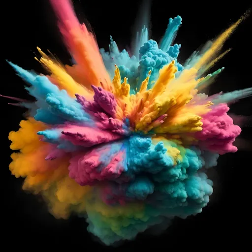 Prompt: A centered explosion of colorful powder on a black background