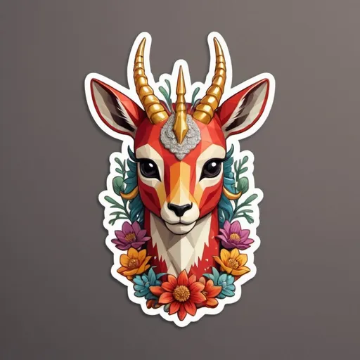 Prompt: This sticker, against a solid background, intricately depicts a red gazelle adorned with armor made of gold and silver fish scales wrapped around its waist. It has long golden horns and a long cream and silver mane from the crown of its head to the tip of its tail. Flowers splash in rainbow colors. It's a Redbubble sticker, bursting with vibrant colors, crafted using 3D vector art, Adobe Illustrator, hand-drawn techniques, featuring low poly and soft lighting. Presented from a bird's-eye view and isometric style, it embraces retro aesthetics, with the character as the focal point, in 4K resolution.