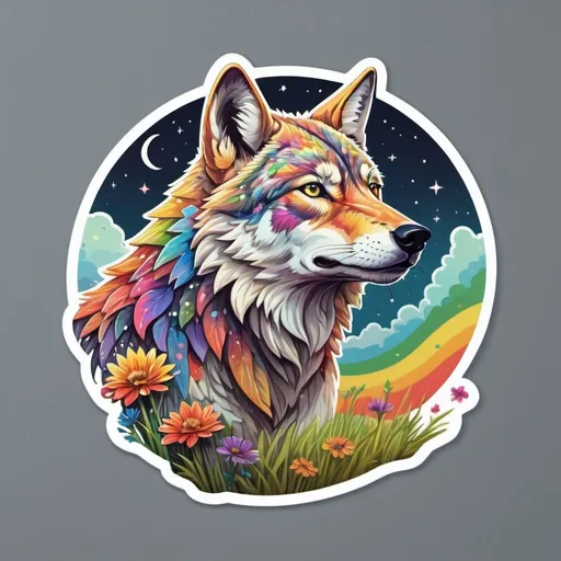 Prompt: Sticker, white background, detailed illustration of a fierce and magnificent grassland wolf hunting under the night sky, floral splash, rainbow colors, Redbubble sticker, vibrant color splash, 3D vector art, cute and quirky, Adobe Illustrator, hand-drawn, digital painting, low poly, soft lighting, bird's-eye view, isometric style, retro aesthetic, focused on the character, 4K resolution.