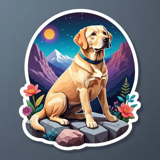 Prompt: Sticker, solid background, sharp focus on a detailed illustration of a gorgeous Labrador sitting on a rocky cliff protruding from a mountain under the night sky, floral splash, rainbow colors, Redbubble sticker, splash in vibrant colors, 3D vector art, cute and quirky, Adobe Illustrator, hand-drawn, digital painting, low poly, soft lighting, bird's-eye view, isometric style, retro aesthetic, focused on the character, 4K resolution