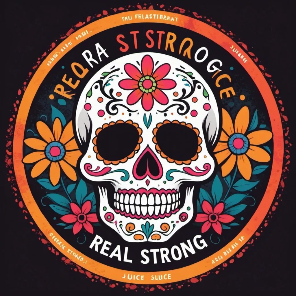 Prompt: Day of the dead skull in a circle with bright colours, a daisy juice label and a slogan of “real strong”
