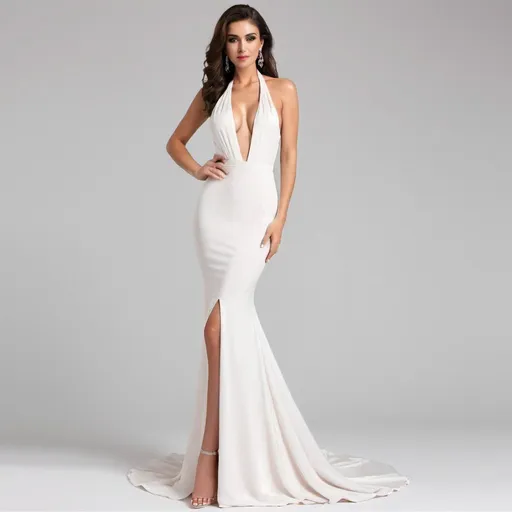 Prompt: Design a white background halter deep V-neck evening gown, the most popular in the United States.