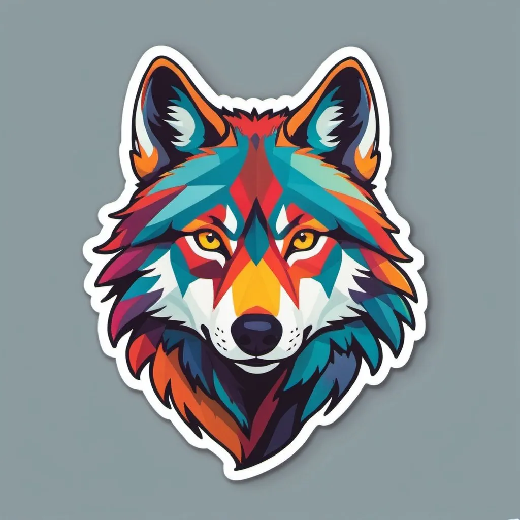 Prompt: Sticker, solid background， depiction of a wolf using minimal design elements and bright colors