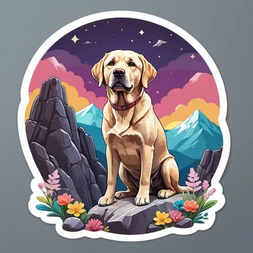 Prompt: Sticker, solid background, sharp focus on a detailed illustration of a gorgeous Labrador sitting on a rocky cliff protruding from a mountain under the night sky, floral splash, rainbow colors, Redbubble sticker, splash in vibrant colors, 3D vector art, cute and quirky, Adobe Illustrator, hand-drawn, digital painting, low poly, soft lighting, bird's-eye view, isometric style, retro aesthetic, focused on the character, 4K resolution