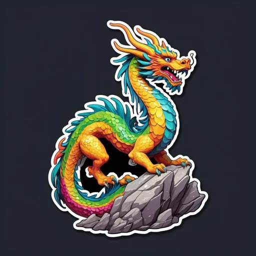 Prompt: Sticker, solid background, sharp focus on a detailed illustration of a magnificent Chinese dragon
 perched on a rocky cliff protruding from a mountain in the night sky, floral splash, rainbow colors, Redbubble sticker, splash in vibrant colors, 3D vector art, cute and quirky, Adobe Illustrator, hand-drawn, digital painting, low poly, soft lighting, bird's-eye view, isometric style, retro aesthetic, focused on the character, 4K resolution