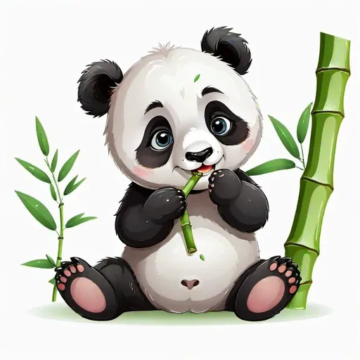 Prompt: A cute cartoon panda cub eating bamboo on a white background