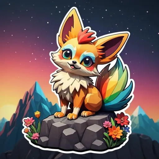 Prompt: This sticker, against a solid background, intricately depicts an adorable Fennekin perched on a rocky cliff atop a mountain in the night sky, with flowers splashing in rainbow colors. It's a Redbubble sticker, bursting with vibrant colors, crafted using 3D vector art. The style is cute and quirky, hand-drawn in Adobe Illustrator with digital painting techniques, featuring low poly and soft lighting. Presented from a bird's-eye view and isometric style, it embodies retro aesthetics, with the character as the focal point, in 4K resolution.