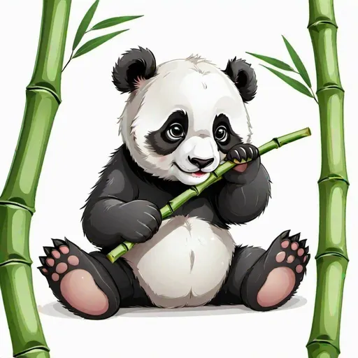 Prompt: A cute cartoon panda cub eating bamboo on a white background