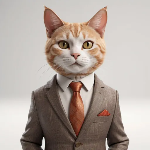 Prompt: A cat wearing a fashionable suit stands upright like a person against a white background, with warm tones, facing the camera, emanating a healing vibe. Created in 3D using Blender software, rendered with the Redshift rendering engine, with lifelike details, in high definition, at 8K resolution.