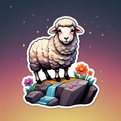 Prompt: This sticker, against a solid background, intricately depicts a magnificent and adorable Dorper sheep perched on a rocky cliff atop a mountain in the night sky, with flowers splashing in rainbow colors. It's a Redbubble sticker, bursting with vibrant colors, crafted using 3D vector art. The style is cute and quirky, hand-drawn in Adobe Illustrator with digital painting techniques, featuring low poly and soft lighting. Presented from a bird's-eye view and isometric style, it embodies retro aesthetics, with the character as the focal point, in 4K resolution.