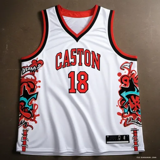 Prompt: Designing hip-hop style basketball jerseys:
Color scheme: White as the base.
Pattern: Use graffiti, music elements, and other hip-hop culture-inspired patterns as design inspirations, and incorporate some street art-style elements.
Material: Choose breathable fabrics.
Personalized customization: Team number 18.