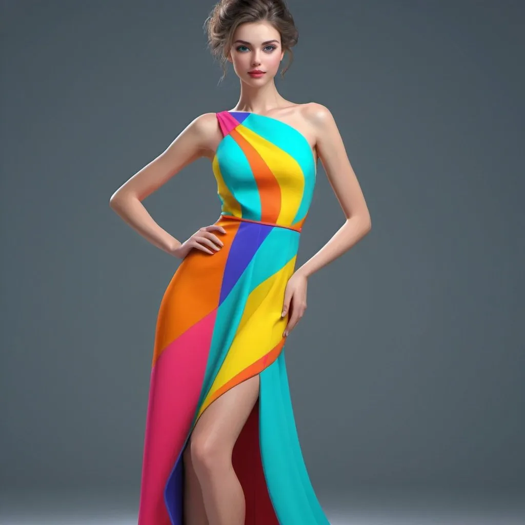 Prompt: Beautiful
 woman modeling dress ,lines, bright colors, attractive 3d