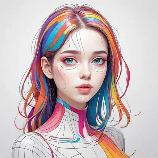 Prompt: A cartoonishly and colorful beauty lines AI girl on a white paper