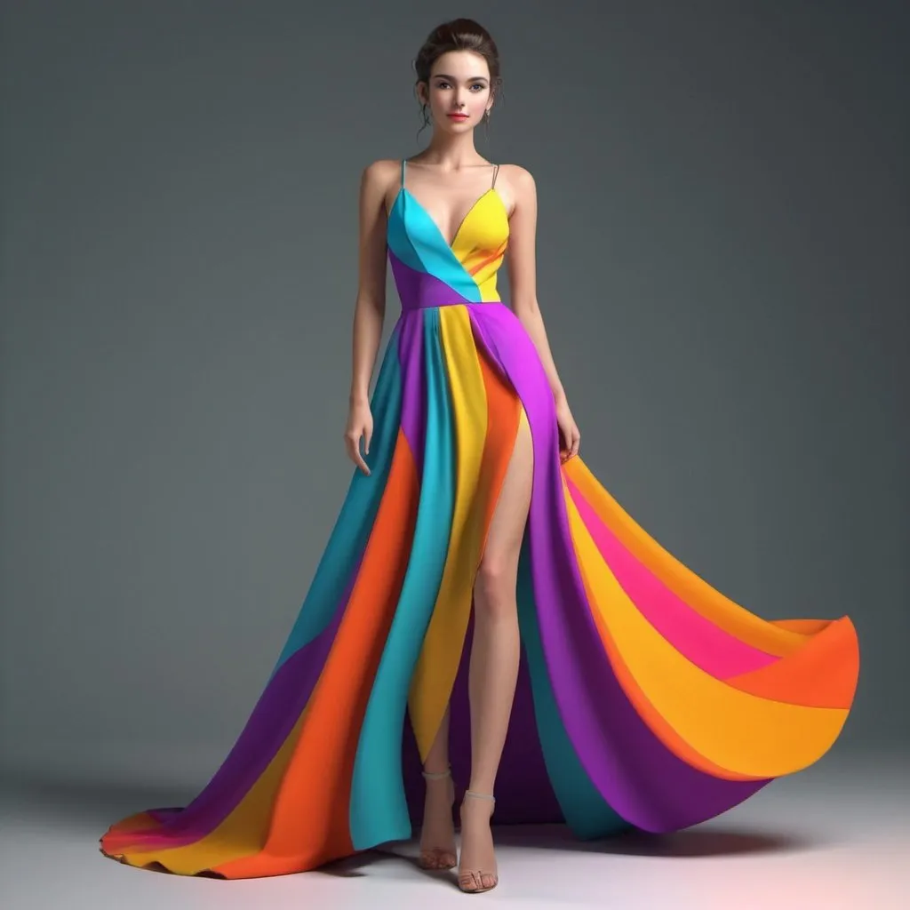 Prompt: Beautiful
 woman modeling dress ,lines, bright colors, attractive 3d