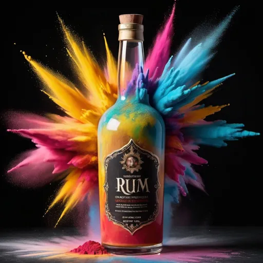 Prompt: A centered explosion of colorful powder on a RUM bottle