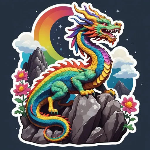 Prompt: Sticker, solid background, sharp focus on a detailed illustration of a magnificent Chinese dragon
 perched on a rocky cliff protruding from a mountain in the night sky, floral splash, rainbow colors, Redbubble sticker, splash in vibrant colors, 3D vector art, cute and quirky, Adobe Illustrator, hand-drawn, digital painting, low poly, soft lighting, bird's-eye view, isometric style, retro aesthetic, focused on the character, 4K resolution