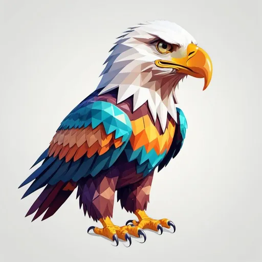 Prompt: On a white background, depicts a magnificent eagle using vibrant colors, created with 2D vector art. The style is cute and quirky, hand-drawn in Adobe Illustrator, employing digital painting techniques, low poly, and soft lighting. Presented from a bird's-eye view and isometric style, blending retro aesthetics, with the character as the focal point, in 4K resolution.