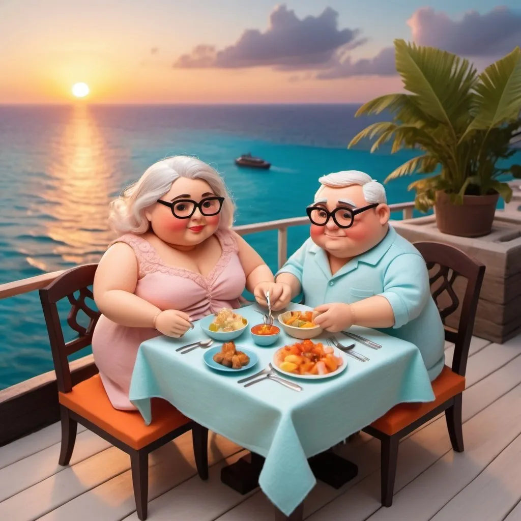 Prompt: Topview a fashionable couple of chubby elder dinner on Maldives rooftop, sunset scene, Cliff Childs, romanticism, high fabric detail, detail  face, Pixar style, a pastel wool felt doll illustration