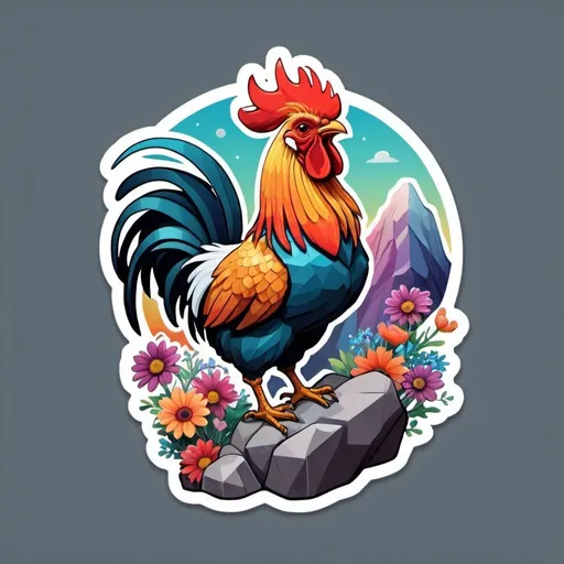 Prompt: This is a sticker with a solid background, depicting a magnificent rooster perched on a rocky cliff protruding from a mountain in the night sky, with flowers splashing and rainbow colors. It's a Redbubble sticker, splashed with vibrant colors, and created using 3D vector art. The style is cute and quirky, hand-drawn in Adobe Illustrator with digital painting techniques, employing low poly and soft lighting. It's presented from a bird's-eye view and isometric style, blending retro aesthetics, with the character as the focal point, in 4K resolution.