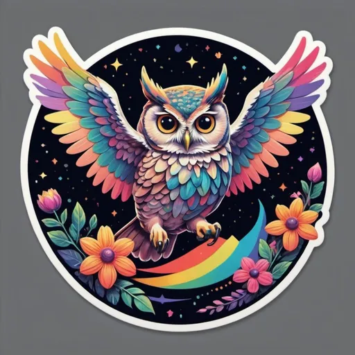 Prompt: STICKER, SOLID background, SHARP FOCUS of A Detailed Illustration of a gorgeous owl flying through the night sky, Floral Splash, Rainbow Colors, Redbubble Sticker,Splash In Vibrant Colors, 3D Vector Art, Cute And Quirky, Adobe Illustrator, HandDrawn, Digital Painting, LowPoly, Soft Lighting, Bird'sEye View, Isometric Style, Retro Aesthetic, Focused On The Character, 4K Resolution,