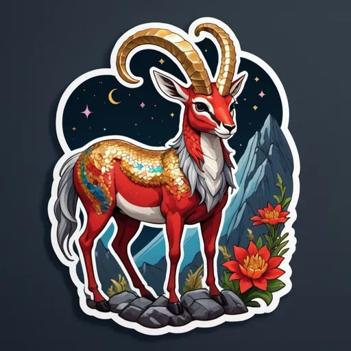Prompt: This sticker, against a solid background, intricately depicts a red gazelle adorned with armor made of gold and silver fish scales wrapped around its waist. It has long golden horns and a long cream and silver mane from the crown of its head to the tip of its tail. It is perched on a rocky cliff edge on a mountain under the night sky. Flowers splash in rainbow colors. It's a Redbubble sticker, bursting with vibrant colors, crafted using 3D vector art, Adobe Illustrator, hand-drawn techniques, featuring low poly and soft lighting. Presented from a bird's-eye view and isometric style, it embraces retro aesthetics, with the character as the focal point, in 4K resolution.