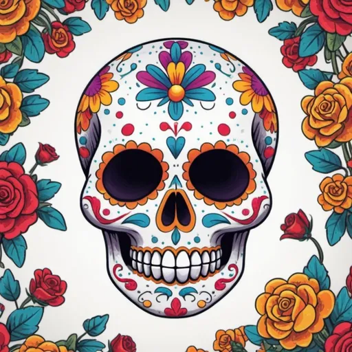 Prompt: On a white background, depicts a Day of the Dead skull using vibrant colors, created with vector art. Hand-drawn in Adobe Illustrator, employing digital painting techniques, using a combination of dots. Presented from a bird's-eye view and isometric style, blending retro aesthetics, with the character as the focal point, in 4K resolution.
