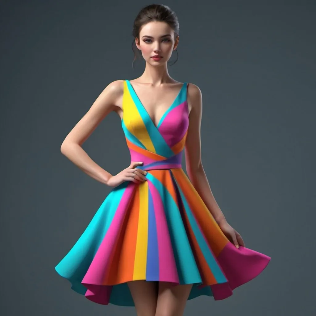Prompt: Beautiful
 woman modeling dress ,lines, bright colors, attractive 3d