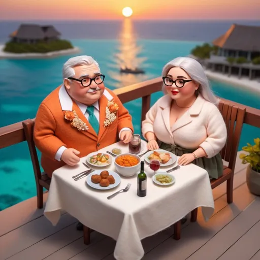 Prompt: Topview a fashionable couple of chubby elder dinner on Maldives rooftop, sunset scene, Cliff Childs, romanticism, high fabric detail, detail  face, Pixar style, a pastel wool felt doll illustration